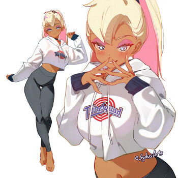 1girl animification black_pants blonde_hair clothes_writing colored_inner_hair crop_top crop_top_overhang dark-skinned_female dark_skin feet fingernails highleg highres hood hoodie humanization leggings lola_bunny long_fingernails long_sleeves looney_tunes multicolored_hair navel pants pink_hair ponytail space_jam sydus twitter_username white_hoodie yoga_pants