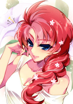 1girl blue_eyes braid breasts choujuu_kishin_dancouga collarbone dancouga_(series) flower from_above hair_flower hair_ornament highres medium_breasts off_shoulder pink_flower red_hair shapiro shirt smile solo sparkle white_flower white_shirt yuki_sara