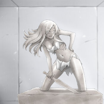 1girl bare_arms bare_legs bare_shoulders stomach breasts collarbone colored_eyebrows colored_eyelashes colored_sclera contrapposto cracked_skin floating_hair grey_pupils grey_sclera groin hand_on_own_hip highres holding holding_sword holding_weapon immobilization long_hair medium_breasts navel original pedestal petrification planted_legs restrained solo stationary_restraints stuck swept_bangs sword thick_eyebrows torn_clothes user_cshg4353 v-shaped_eyebrows weapon