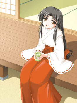 1girl 2000s_(style) analogous_colors architecture archived_source black_hair blush bow brown_eyes commentary_request cup dated_commentary east_asian_architecture feet_out_of_frame from_above green_tea hair_bow hair_intakes hakama hakama_pants head_tilt holding holding_cup japanese_clothes kariginu keito_(keito-ya) kosode legs_together long_hair long_sleeves looking_at_viewer low-tied_long_hair miko open_door open_mouth original pants red_bow red_hakama retro_artstyle ribbon-trimmed_sleeves ribbon_trim sand shadow shouji sitting sliding_doors solo tatami tea veranda very_long_hair warm_colored white_kosode white_sleeves wide_sleeves yunomi