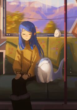 1girl :3 absurdres black_boots black_pantyhose blue_hair blue_sky boots bus_interior closed_eyes closed_mouth commentary english_commentary fangs guantanima_ii_(shadches72) highres knee_boots leaning_on_person long_hair long_sleeves monasterio_(shadches72) mountain original pantyhose pole power_lines shadches72 shark sitting sky smile sweater window yellow_sweater