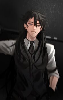 1girl absurdres baseball_bat black_eyes black_gloves black_hair black_necktie breasts collared_shirt cowboy_shot genderswap genderswap_(mtf) gloves hand_in_pocket head_tilt highres holding holding_baseball_bat jozllie long_hair looking_at_viewer necktie omniscient_reader&#039;s_viewpoint over_shoulder shirt smile solo toned toned_female weapon weapon_over_shoulder white_shirt yoo_joonghyuk