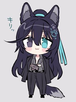 1boy animal_ears aqua_eyes black_eyes black_hair black_jacket black_pants collared_shirt commentary crossed_arms full_body grey_shirt heterochromia highres hong_lu_(project_moon) jacket jacket_on_shoulders kurokumo_clan_(identity)_(project_moon) limbus_company long_hair pants project_moon shiki_(shikki46) shirt solo symbol-only_commentary tail very_long_hair wolf_ears wolf_tail