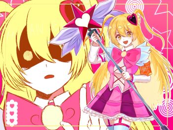 1girl :d blonde_hair border bow breasts commentary don_quixote_(project_moon) dress e.g.o_(project_moon) garter_straps hair_between_eyes haneetyann highres holding holding_staff in_the_name_of_love_and_hate_(e.g.o) inset_border large_breasts limbus_company long_hair looking_at_viewer magical_girl multiple_views open_mouth outside_border pink_background pink_bow pink_dress project_moon shaded_face smile solid_circle_eyes staff two_side_up yellow_border yellow_eyes