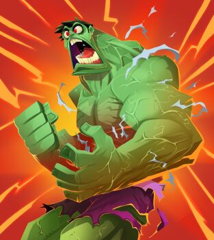 1boy abstract_background absurdres avengers_(series) blue_pants brett_bean bruce_banner clenched_hand clenched_hands colored_skin green_skin highres hulk male_focus marvel marvel_snap muscular official_art open_mouth pants red_background red_eyes shirt short_hair solo teeth tongue torn_clothes torn_shirt transformation veins wide-eyed