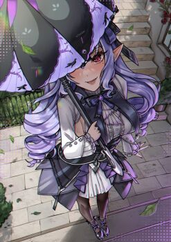 1girl blush breasts commentary dress english_commentary highres large_breasts long_hair long_sleeves looking_at_viewer open_mouth pointy_ears purple_hair red_eyes ryuuneart smile solo umbrella vivian_banshee zenless_zone_zero