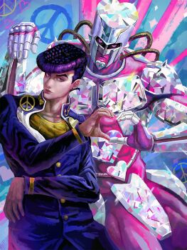 1boy abstract_background anchor_ornament armor buttons closed_mouth colored_skin colorful crazy_diamond diamond_wa_kudakenai formal_clothes gakuran heart heart_hands heart_ornament helmet higashikata_josuke highres jacket jojo_no_kimyou_na_bouken pauldrons peace_symbol pink_skin pompadour purple_eyes purple_gakuran purple_hair school_uniform shiny_clothes shirt shoulder_armor stand_(jojo) suit suit_jacket yanmanxplore yellow_shirt