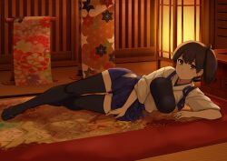 Rule 34 | 1girl, bad source, black thighhighs, blue skirt, brown eyes, brown hair, haruhisky, indoors, japanese clothes, jewelry, kaga (kancolle), kantai collection, long hair, looking at viewer, lying, on side, ring, sandals, short hair, short sleeves, side ponytail, skirt, solo, thighhighs