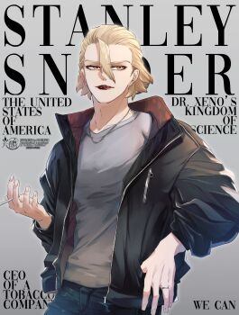 1boy absurdres alternate_costume black_jacket black_pants blonde_hair casual character_name cigarette cover dr._stone english_text fake_cover fake_magazine_cover grey_background grey_shirt hair_between_eyes hair_slicked_back highres holding holding_cigarette jacket jewelry lipstick magazine_cover makeup male_focus mitsuru_(aica_hikari) necklace open_clothes open_jacket pants red_lips ring shirt short_hair smoking solo stanley_snyder_(dr.stone) yellow_eyes
