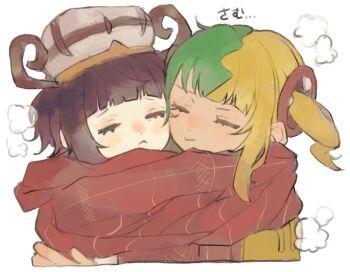 2girls black_hair blonde_hair canari_(pokemon) chamopichamo closed_eyes closed_mouth commentary_request dark-skinned_female dark_skin green_hair gwynn_(pokemon) hat hug multicolored_hair multiple_girls nintendo pokemon pokemon_legends:_z-a red_scarf scarf shared_clothes shared_scarf split-color_hair two-tone_hair upper_body white_background yuri