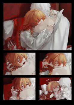 2boys absurdres biting_shoulder black_pants blonde_hair braid chest_tattoo chinese_commentary commentary_request facial_tattoo gradient_hair highres honkai:_star_rail honkai_(series) male_focus medium_hair multicolored_hair multiple_boys mydei_(honkai:_star_rail) neck_tattoo on_bed open_clothes open_shirt pants phainon_(honkai:_star_rail) red_hair red_tattoo shirt short_hair side_braid siro0708 sun_symbol sun_tattoo tan tattoo vampire white_hair white_shirt yaoi yellow_eyes