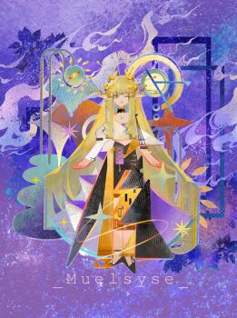 1girl absurdres arknights black_shoes blonde_hair character_name chiqiezhuan commentary_request elf full_body hair_ornament highres long_hair looking_at_viewer muelsyse_(arknights) muelsyse_(golden_reverie)_(arknights) official_style one_eye_closed pointy_ears shoes solo straight-on very_long_hair yellow_eyes