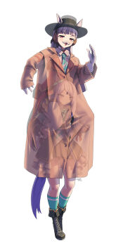 2girls absurdres animal_ears aqua_necktie aqua_socks bib_collar black_boots blunt_bangs blunt_ends blush boots bow bowtie brown_coat button_gap carrying chest_harness coat collared_shirt commentary diagonal-striped_clothes diagonal-striped_necktie disguise dress ear_covers ears_through_headwear fake_facial_hair fake_mustache fedora frilled_jacket frills full_body gloves gold_ship_(umamusume) grey_hair hair_bow harness hat highres horse_ears horse_girl horse_tail jacket lapels long_hair mejiro_mcqueen_(umamusume) miniskirt multiple_girls necktie open_mouth pantyhose pleated_skirt purple_hair red_eyes see-through_clothes see-through_coat shared_clothes shared_coat shirt short_dress shoulder_carry signature simple_background skirt socks standing striped_clothes swept_bangs tail umamusume waist_bag white_background white_gloves white_shirt zhvo