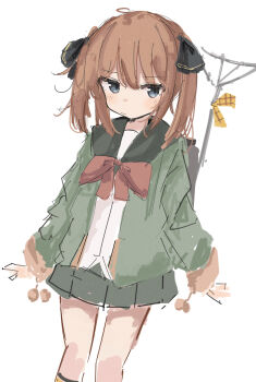 Rule 34 | 1girl, absurdres, averting eyes, black bow, blue eyes, blush, bow, bowtie, brown hair, commentary request, dutch angle, feet out of frame, green jacket, green sailor collar, green skirt, hachijou (kancolle), hair between eyes, hair bow, highres, ichiha (ichi u2), jacket, kantai collection, kneehighs, long sleeves, mast, medium hair, open clothes, open jacket, pleated skirt, red bow, red bowtie, rigging, sailor collar, shirt, short twintails, sidelocks, simple background, sketch, skirt, socks, solo, thighs, twintails, white background, white shirt