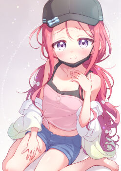 1girl barefoot baseball_cap blue_archive blush breasts denim denim_shorts hat highres long_hair mask navel purple_eyes red_hair shorts sitting small_breasts solo wodaex yuzu_(blue_archive)