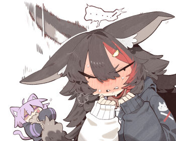 ! 2girls ahoge animal_ear_fluff animal_ears black_hair black_hoodie blush cat_ears cat_girl cat_tail closed_eyes cocomayo29_(tomato) commentary_request hair_between_eyes hair_ornament highres hololive hood hoodie korean_commentary long_hair long_sleeves multicolored_hair multicolored_hoodie multiple_girls nekomata_okayu nekomata_okayu_(1st_costume) official_alternate_costume ookami_mio ookami_mio_(hoodie) puffy_sleeves purple_eyes purple_hair red_hair simple_background speech_bubble tail tongue tongue_out virtual_youtuber white_hoodie wolf_ears wolf_girl