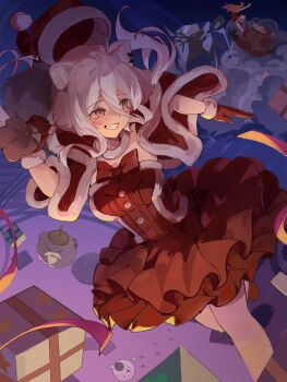 1girl ahoge alternate_costume animal_ear_piercing animal_ears capelet christmas_present closed_mouth dress frilled_dress frills fur-trimmed_capelet fur-trimmed_gloves fur_trim gift gloves hat highres holding holding_sack hololive lion_ears lion_girl long_hair looking_at_viewer pom_pom_(clothes) red_capelet red_dress red_gloves sack santa_costume santa_dress santa_hat shishiro_botan smile solo virtual_youtuber wool1997