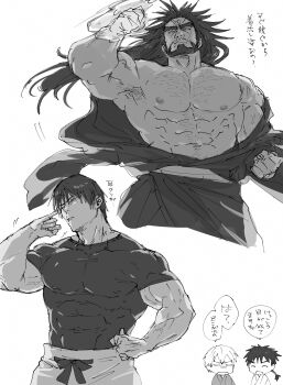 Rule 34 | 4boys, abs, armpit hair, bara, beard, commentary request, covered abs, covered erect nipples, covered penis, cropped legs, facial hair, fushiguro touji, greyscale, highres, jujutsu kaisen, large pectorals, long hair, male focus, monochrome, multiple boys, muscular, muscular male, nipples, pectorals, scar, scar on face, scar on forehead, short hair, sparse chest hair, speech bubble, sugo6969, thick arms, thick eyebrows, translation request, zen'in jinichi, zen'in naoya, zen'in ranta