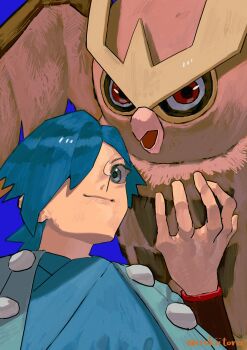 1boy beak bird blue_background blue_eyes blue_hair blue_kimono colored_sclera commentary_request falkner_(pokemon) feathered_wings flying gen_2_pokemon hair_over_one_eye highres jacket japanese_clothes kimono looking_at_viewer male_focus nintendo noctowl ookiitora128706 open_clothes open_jacket open_mouth owl pokemon pokemon_(creature) pokemon_focus pokemon_hgss red_eyes short_hair simple_background smile twitter_username wings