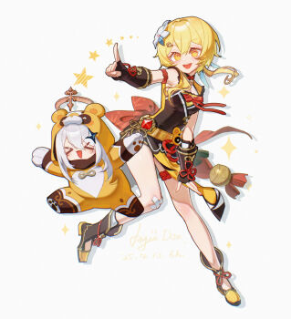 &gt;_&lt; 2girls animal_costume ayiiiyiii bandaid bandaid_on_leg blonde_hair breasts brown_gloves china_dress chinese_clothes closed_eyes cosplay dress fingerless_gloves flower genshin_impact gloves guoba_(genshin_impact) guoba_(genshin_impact)_(cosplay) hair_flower hair_ornament high_heels highres hood hood_up long_hair lumine_(genshin_impact) multiple_girls open_mouth paimon_(genshin_impact) panda_costume star_(symbol) star_hair_ornament white_background white_hair xiangling_(genshin_impact) xiangling_(genshin_impact)_(cosplay) yellow_eyes yellow_hood