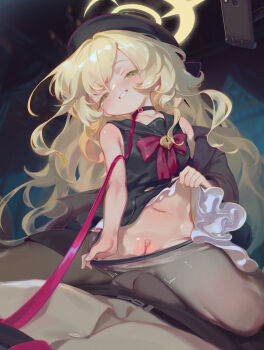 1boy 1girl absurdres blonde_hair blue_archive bulge choker clothes_lift clothes_pull dress dress_lift erection erection_under_clothes flat_chest girl_on_top green_eyes halo hetero highres leash lifting_own_clothes loli long_hair looking_at_viewer no_panties pantyhose pantyhose_pull pov professor_niyaniya_(blue_archive) pussy smile straddling uncensored variant_set villainchin