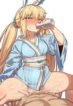 1boy 1girl absurdres artoria_caster_(fate) artoria_caster_(swimsuit_berserker)_(second_ascension)_(fate) artoria_pendragon_(fate) blonde_hair blue_kimono blush breasts cum cum_in_pussy drink drunk ebora fate/grand_order fate_(series) girl_on_top green_eyes hetero highres japanese_clothes kimono sex sweat twintails