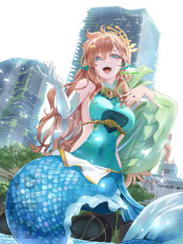 1girl :d absurdres aqua_eyes aqua_shirt blue_tail braid breasts brown_hair building city commentary_request day fins head_fins highres ivuki large_breasts long_hair merfolk mermaid monster_girl open_mouth original ruins scales shibuya_(tokyo) shirt sideboob sitting skyscraper smile solo tokyo_(city) tongue very_long_hair water watermark