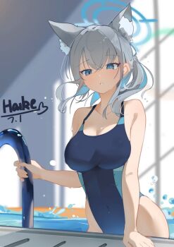 1girl animal_ear_fluff animal_ears black_one-piece_swimsuit blue_archive blue_eyes breasts competition_swimsuit covered_navel cross_hair_ornament extra_ears grey_hair haike hair_ornament halo indoors low_ponytail medium_breasts medium_hair mismatched_pupils multicolored_swimsuit official_alternate_costume one-piece_swimsuit ponytail pool_ladder poolside shiroko_(blue_archive) shiroko_(swimsuit)_(blue_archive) solo swimsuit water wolf_ears