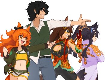 Rule 34 | 1boy, 3girls, :d, animal ears, armor, bandaid, bandaid on face, bandaid on nose, belt, black belt, black bodysuit, black bow, black hair, black skirt, blue eyes, blue pants, bodysuit, bow, breasts, brown hair, cleavage, cleavage cutout, clothing cutout, coat, collared shirt, commentary, cowboy shot, cropped shirt, domino mask, ear bow, el condor pasa (kukulkan warrior) (umamusume), el condor pasa (umamusume), english commentary, eye mask, finger gun, gloves, green belt, green jacket, green vest, grin, highres, horse ears, horse girl, horse tail, jacket, long hair, long sleeves, looking to the side, mask, mayano top gun (scramble zone) (umamusume), mayano top gun (umamusume), multiple girls, narita brian (maverick) (umamusume), narita brian (umamusume), navel, open clothes, open jacket, open mouth, orange eyes, orange hair, outstretched arm, pants, patch, ponytail, red gloves, shirt, short hair, shorts, shoulder armor, simple background, skirt, smile, stomach, tail, torn clothes, torn coat, trainer (umamusume), umamusume, vambraces, vest, white background, white coat, white shirt, white shorts, yellow eyes, yellow mask, yellow shirt, yoako