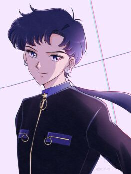 Rule 34 | 1boy, bishoujo senshi sailor moon, bishoujo senshi sailor moon stars, bishounen, black hair, black shirt, blue eyes, closed mouth, commentary, crescent, crescent earrings, earrings, jewelry, juuban high school uniform, long hair, looking at viewer, male focus, ponytail, school uniform, seiya kou, shirt, smile, solo, upper body, y-yazaki2406