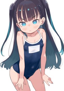 1girl absurdres black_hair blue_eyes blue_one-piece_swimsuit blush breasts closed_mouth collarbone commentary_request covered_navel cowboy_shot highres leaning_forward long_hair looking_at_viewer monomono one-piece_swimsuit original paid_reward_available school_swimsuit simple_background small_breasts solo swimsuit two_side_up v-shaped_eyebrows white_background