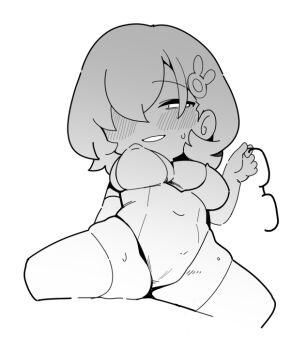 Rule 34 | 1girl, blue archive, blush, breasts, chibi, chibi only, chihiro (blue archive), commentary request, covered navel, cropped legs, glasses, greyscale, grin, holding, holding removed eyewear, large breasts, leotard, looking at viewer, monochrome, playboy bunny, sexualized chibi, short hair, simple background, smile, solo, spread legs, strapless, strapless leotard, sweat, thighhighs, unworn eyewear, warashi, white background