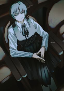 Rule 34 | 1girl, absurdres, artist name, black dress, black ribbon, chair, closed mouth, collared shirt, crossed legs, dress, eri (sayonara eri), grey eyes, grey hair, highres, ice morinaka, interlocked fingers, long sleeves, looking at viewer, neck ribbon, on chair, pinafore dress, ribbon, sayonara eri, school uniform, shirt, short hair, sitting, sleeveless, sleeveless dress, smile, solo, split mouth, white shirt