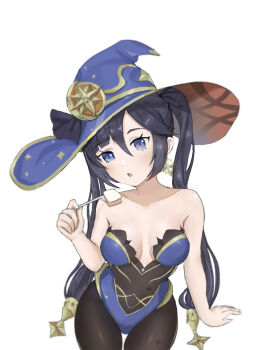 1girl arm_support black_hair black_pantyhose breasts chinese_commentary commentary_request food genshin_impact halu_u hat highres holding holding_food leotard looking_at_viewer mona_(genshin_impact) open_mouth pantyhose purple_eyes purple_hat purple_leotard simple_background solo strapless strapless_leotard thigh_gap thighs twintails white_background witch_hat