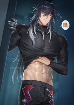 Rule 34 | 1boy, abs, absurdres, ashveil (honkai: star rail), black hair, black pants, black shirt, claw ring, clothes lift, commentary, debbie (debbielu9972), earrings, english commentary, gradient hair, hat, highres, honkai: star rail, honkai (series), jewelry, long hair, male focus, multicolored hair, necklace, one eye closed, pants, purple eyes, shirt, shirt lift, single earring, solo, spoken food, toned, toned male, tooth necklace, turtleneck, white hair, white hat