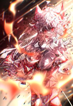 1girl absurdres bow boxerrudy fire fujiwara_no_mokou hair_bow highres long_hair red_eyes ribbon shirt solo suspenders touhou white_hair