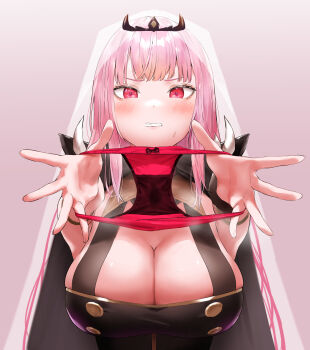 1girl absurdres black_cloak black_dress blush bow bow_panties breasts clenched_teeth cloak dress hands_up highres holding holding_panties holding_underwear holding_unworn_clothes hololive hololive_english kuroi_suna large_breasts long_hair looking_at_viewer mori_calliope mori_calliope_(1st_costume) outstretched_arms panties pink_hair presenting_removed_panties red_eyes red_panties revision simple_background sleeveless sleeveless_dress solo teeth tiara underwear unworn_panties upper_body veil virtual_youtuber