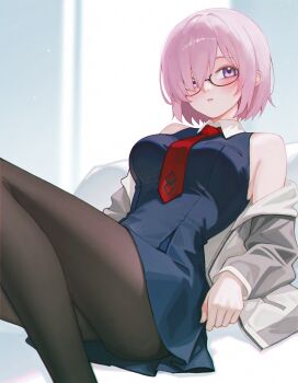 1girl absurdres bare_shoulders black-framed_eyewear black_dress black_pantyhose commentary dress fate/grand_order fate_(series) grey_jacket hair_over_one_eye highres jacket looking_at_viewer mash_kyrielight necktie off_shoulder pantyhose pink_hair purple_eyes red_necktie short_hair sitting sleeveless sleeveless_dress solo water_human