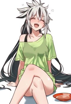 1girl absurdres alcohol black_hair blush breasts closed_eyes crossed_legs cup ebora fate/grand_order fate_(series) green_shirt highres long_hair medium_breasts multicolored_hair nagao_kagetora_(fate) open_mouth ponytail sakazuki sake shirt short_sleeves smile solo two-tone_hair uesugi_kenshin_(first_ascension)_(fate) very_long_hair white_hair