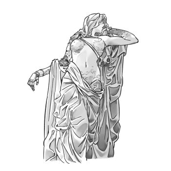 1girl amputee breasts breasts_apart chest_harness cowboy_shot curtained_hair elden_ring feet_out_of_frame greyscale hand_in_own_hair harness highres kkwaggg long_hair looking_to_the_side malenia_blade_of_miquella malenia_goddess_of_rot mechanical_arms medium_breasts monochrome navel prosthesis prosthetic_arm prosthetic_leg single_mechanical_arm solo strap toga white_background