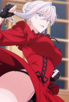 1girl black_panties blue_eyes blurry blurry_background breasts clenched_hands clothes_lift cowboy_shot dress dress_lift ear_piercing fingerless_gloves gloves grey_hair hair_bun highres lace lace_panties large_breasts makiri_akira panties parted_lips piercing red_dress saigo_ni_hitotsu_dake_onegai_shite_mo_yoroshii_deshou_ka scarlet_el_vandimion smile underwear