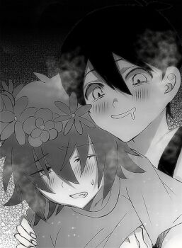 2boys basil_(headspace)_(omori) basil_(omori) blush clenched_teeth commentary_request double-parted_bangs drooling flower flower_wreath greyscale hair_between_eyes head_wreath kauchi_(kani10cauchi) male_focus monochrome mouth_drool multiple_boys omori omori_(omori) one_eye_closed open_mouth short_hair sidelocks smile tank_top teeth