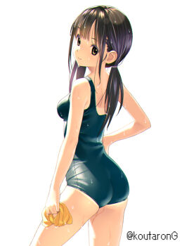 1girl ass bare_arms bare_shoulders black_hair blue_one-piece_swimsuit breasts brown_eyes closed_mouth commentary_request from_behind holding koutaro long_hair looking_at_viewer looking_back low_twintails medium_breasts old_school_swimsuit one-piece_swimsuit original school_swimsuit simple_background smile solo swimsuit twintails twitter_username wet wet_hair white_background