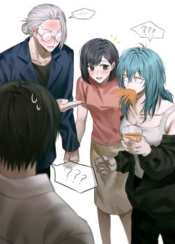 Rule 34 | 2boys, 2girls, ?, absurdres, akao rion, black hair, blush, breasts, cleavage, commentary request, cup, glasses, gomang1201, grey hair, hair between eyes, highres, holding, holding cup, husband and wife, long hair, mole, mole under mouth, multiple boys, multiple girls, nagumo (sakamoto days), sakamoto aoi (sakamoto days), sakamoto days, sakamoto taro, sakamoto taro (skinny), short hair, surprised, sweat, yellow eyes