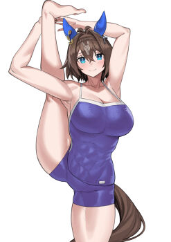 1girl abs absurdres animal_ears bare_shoulders barefoot blue_eyes blue_one-piece_swimsuit borrowed_character breasts brown_hair cleavage commentary_request commission competition_school_swimsuit ear_covers ear_ornament fukuro_(maruaru00) hair_between_eyes highres horse_ears horse_girl horse_tail large_breasts leg_up looking_at_viewer multicolored_hair one-piece_swimsuit original pixiv_commission school_swimsuit short_hair solo streaked_hair stretching swimsuit tail tracen_swimsuit umamusume