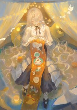 1girl absurdres black_bow black_ribbon black_shoes blue_butterfly bow bug butterfly chinese_commentary closed_eyes closed_mouth commentary_request curtained_hair dress eve_(path_to_nowhere) fish flying_fish footwear_bow frilled_wrist_cuffs frills hair_over_one_eye highres insect knitting knitting_needle long_hair luori_dianxin neck_ribbon needle one_eye_covered path_to_nowhere puffy_short_sleeves puffy_sleeves ribbon rug shoes short_sleeves sitting smile socks solo string_lights very_long_hair white_dress white_hair white_socks white_wrist_cuffs wrist_cuffs