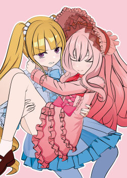 2girls blonde_hair closed_eyes digimon digimon_story:_time_stranger homeros_(digimon) multiple_girls purple_eyes ribbon sleeping tai1213 yggdrasill_(digimon)