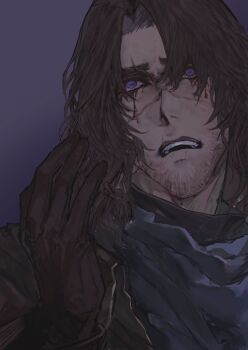 1boy andrewcoffee beard black_scarf blood bloody_tears brown_coat brown_gloves brown_hair coat cross_scar erlking_heathcliff_(project_moon) facial_hair gloves hand_up hands_up highres limbus_company long_sleeves looking_up open_mouth project_moon purple_background purple_eyes scar scar_on_face scarf simple_background solo