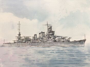 aircraft airplane atelier_bono cannon cloud cloudy_sky commentary_request cruiser floatplane highres imperial_japanese_navy kinugasa_(cruiser) mast military_vehicle no_humans ocean original painting_(medium) seaplane ship ship_turret sky smokestack traditional_media vehicle_focus warship watercolor_(medium) watercraft