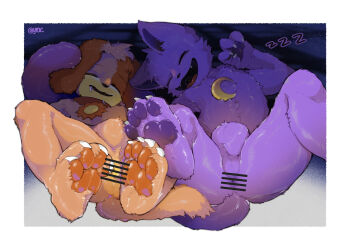 2boys animal_ears animal_penis anus artist_name bar_censor barefoot cat_boy cat_ears cat_tail catnap_(poppy_playtime) censored claws commentary_request crescent_moon dog_boy dog_ears dog_tail dogday_(poppy_playtime) fangs feet furry furry_male highres male_focus mixed-language_commentary moon multiple_boys open_mouth pawpads penis poppy_playtime saliva shota sleeping tail yrac zzz